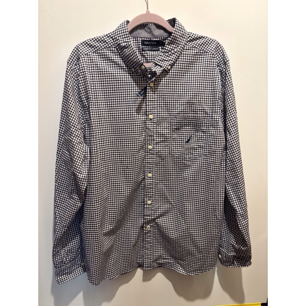 Nautica Black N White Checked Long Sleeve Classic Fit /stretch Mens Size XL
